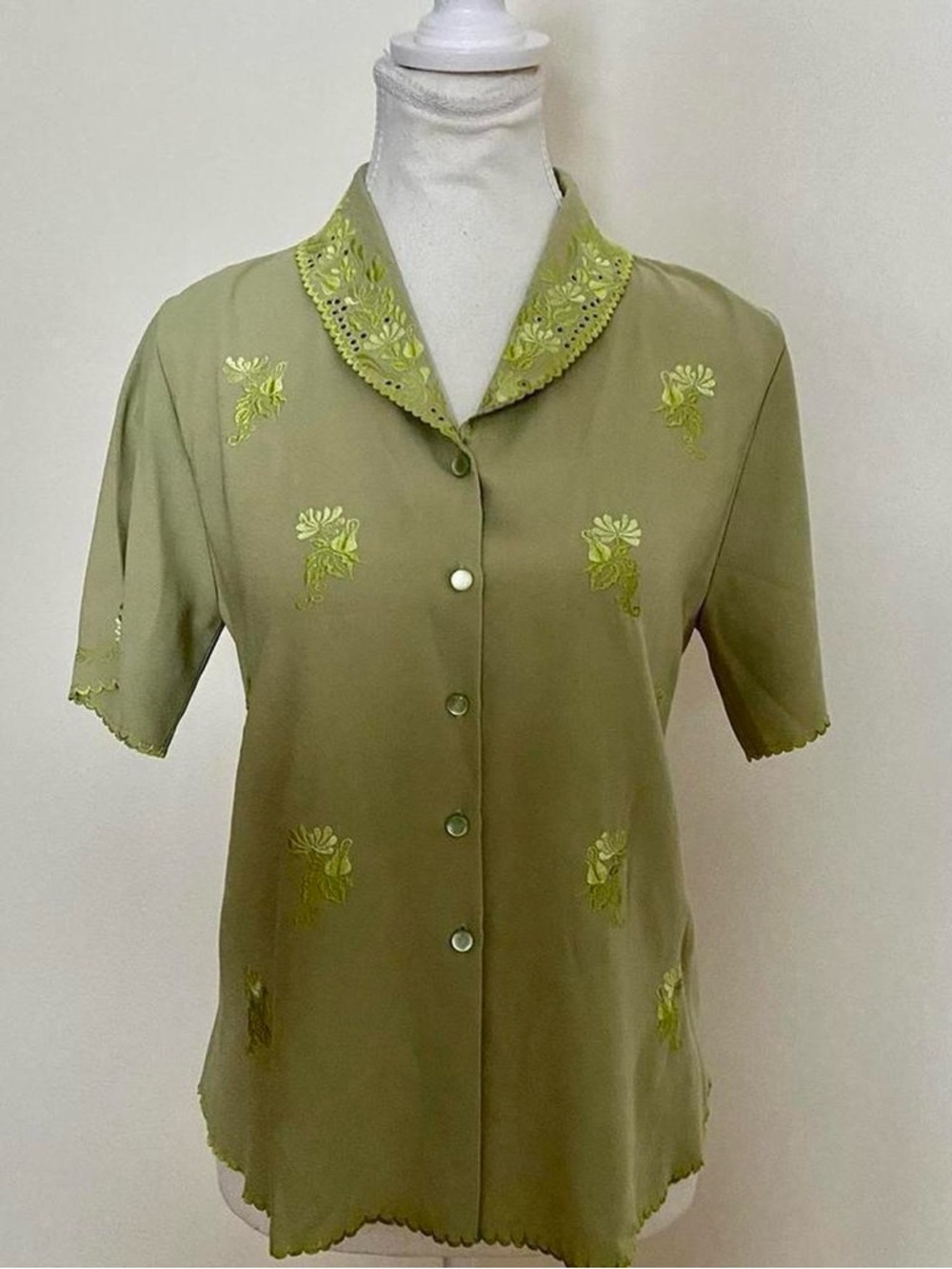 Women’s Olive Green Embroidered Button-Front Top